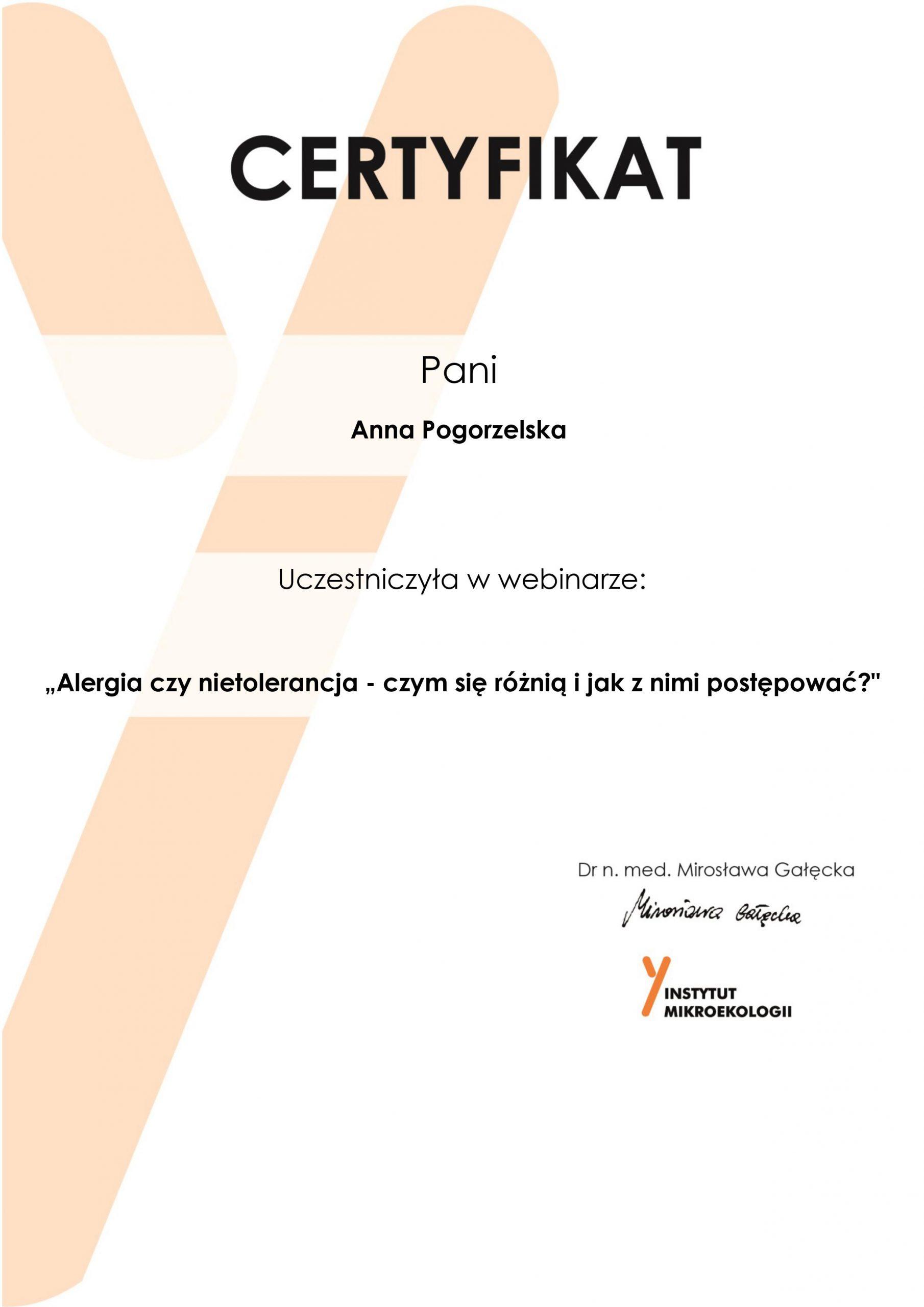 Certyfikat Anna Pogorzelska Alergia czy nietolerancja