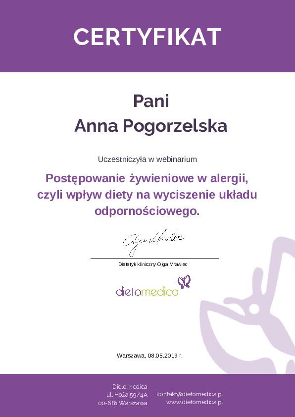 Certyfikat Anna Pogorzelska Żywienie w alergii