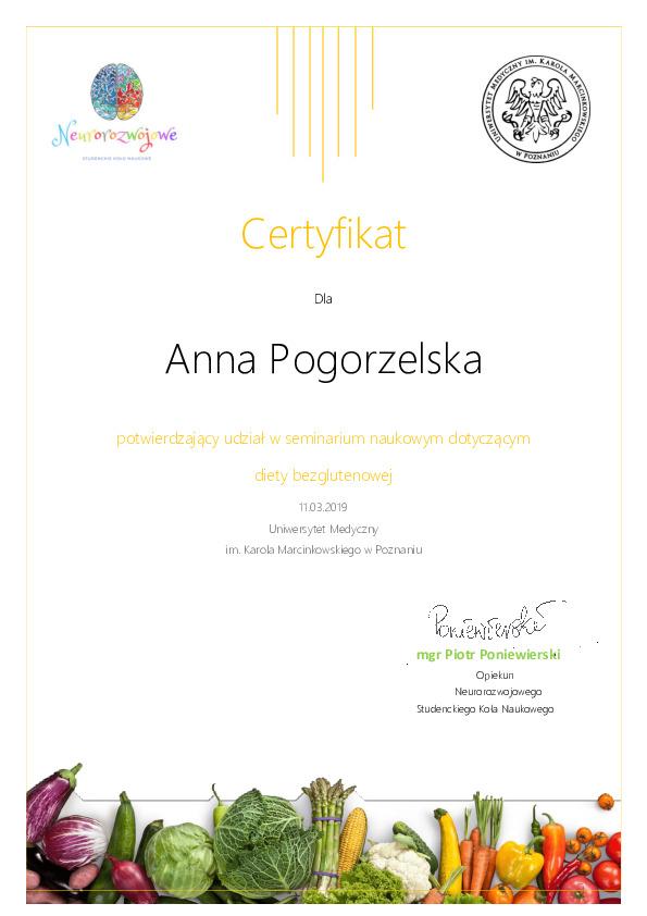 Certyfikat Anna Pogorzelska Dieta bezglutenowa