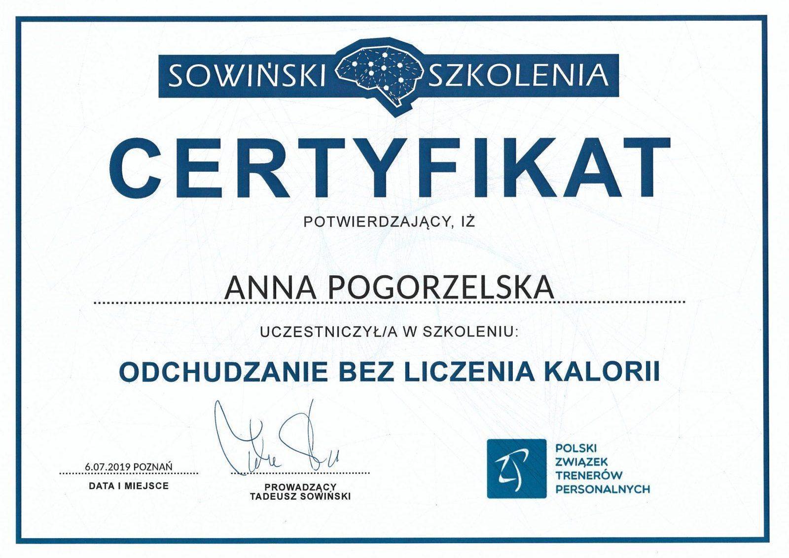 Certyfikat Anna Pogorzelska Odchudzanie bez liczenia kalorii