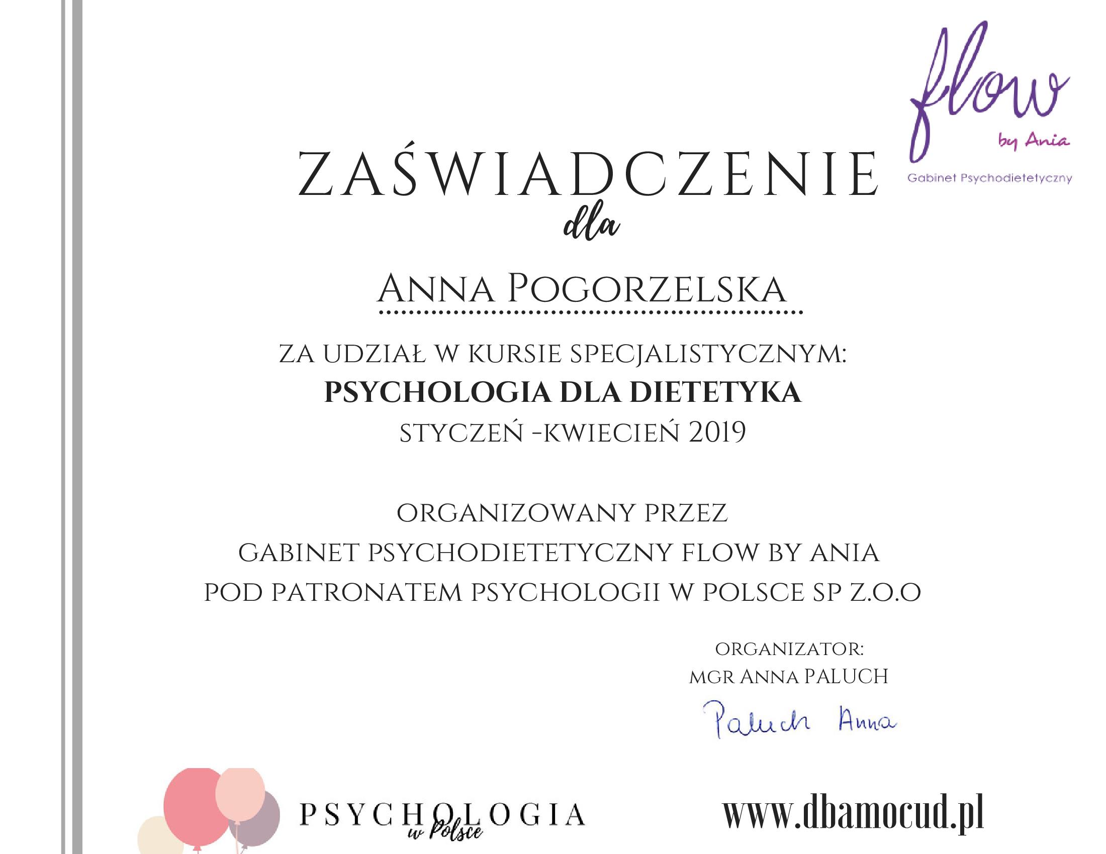 Certyfikat Anna Pogorzelska Psychologia dla dietetyka