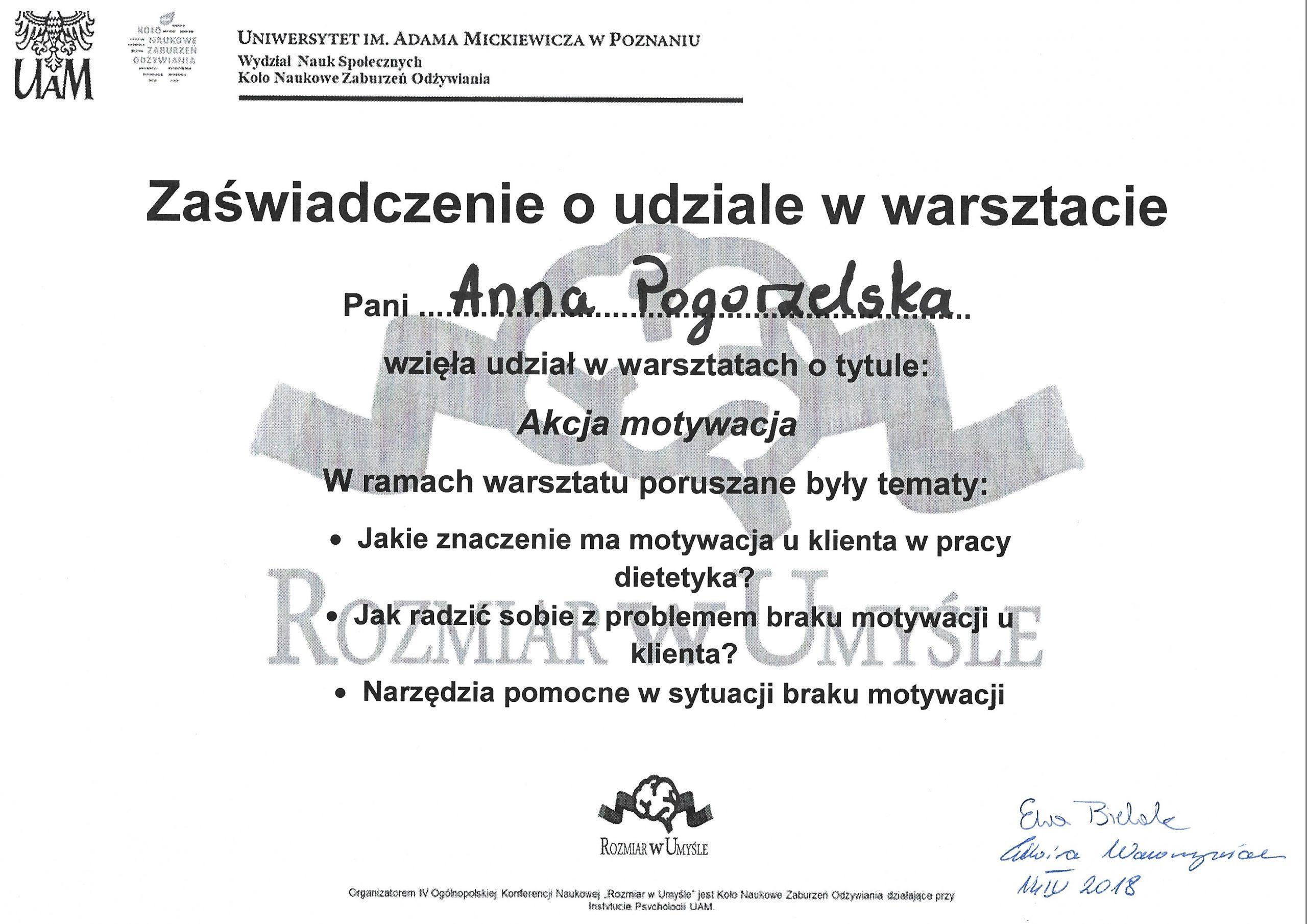 Certyfikat Anna Pogorzelska Warsztaty Akcja motywacja