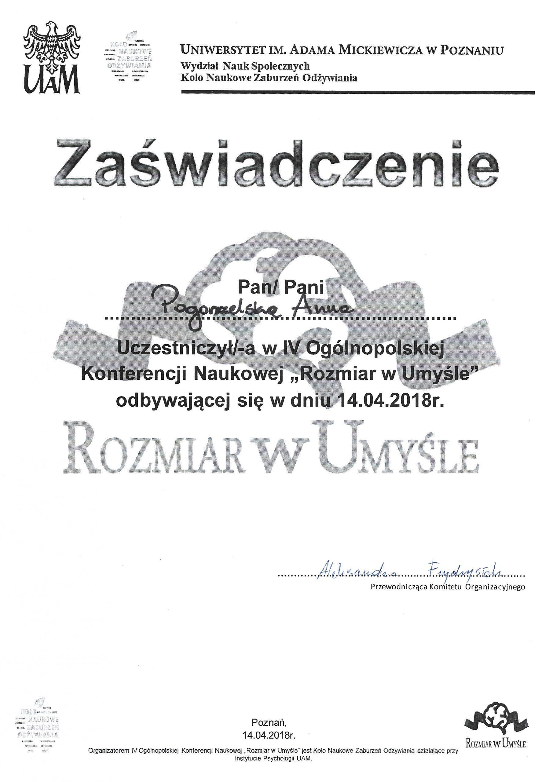 Certyfikat Anna Pogorzelska Rozmiar w umyśle