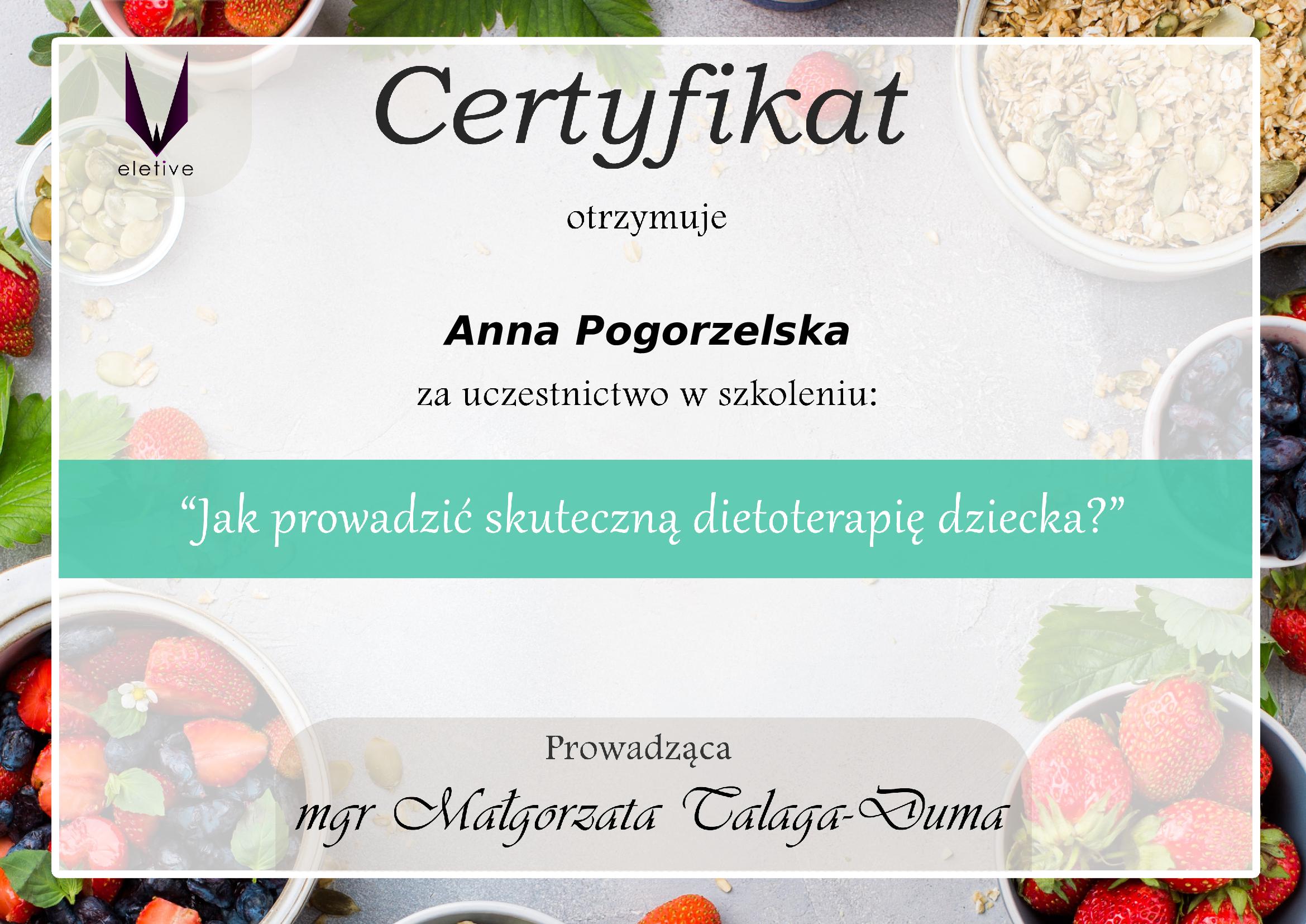 Certyfikat Anna Pogorzelska Dietoterapia dziecka