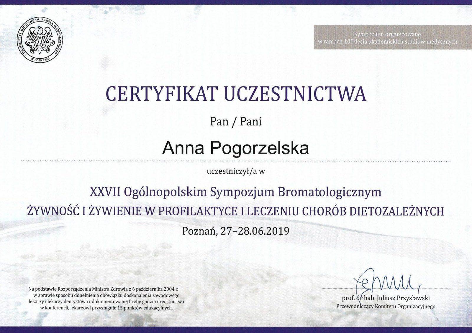Certyfikat Anna Pogorzelska Sympozjum Bromatologiczne żywność i żywienie