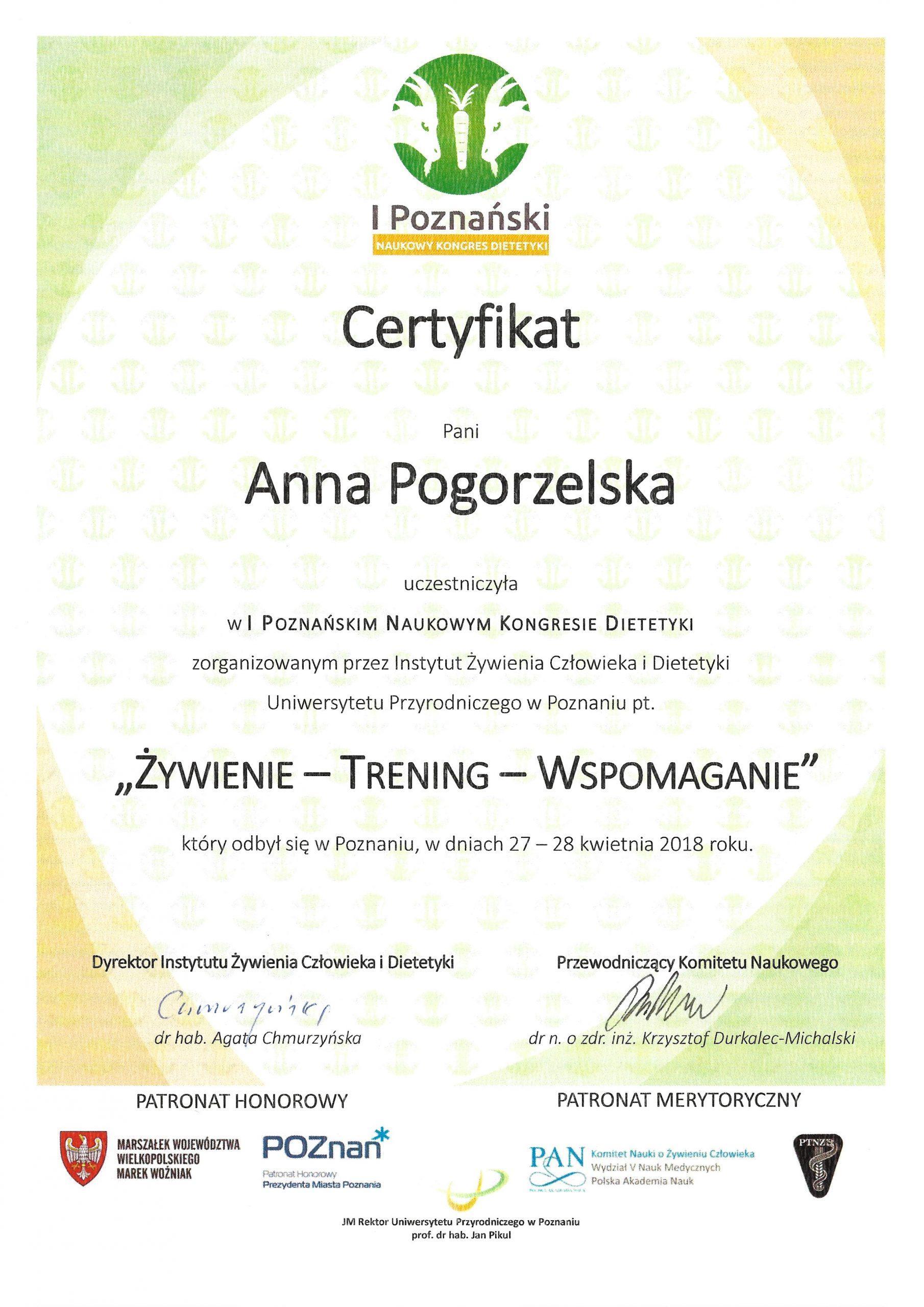 Certyfikat Anna Pogorzelska Żywienie, trening, wspomaganie