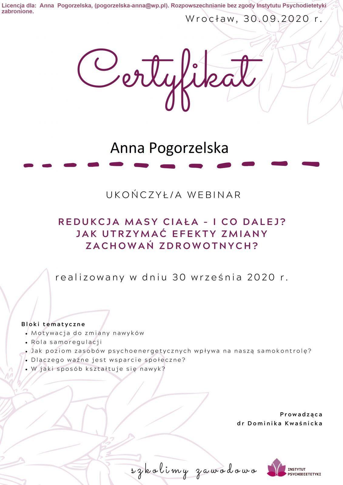 Certyfikat Anna Pogorzelska Redukcja masy ciała jak utrzymać efekty