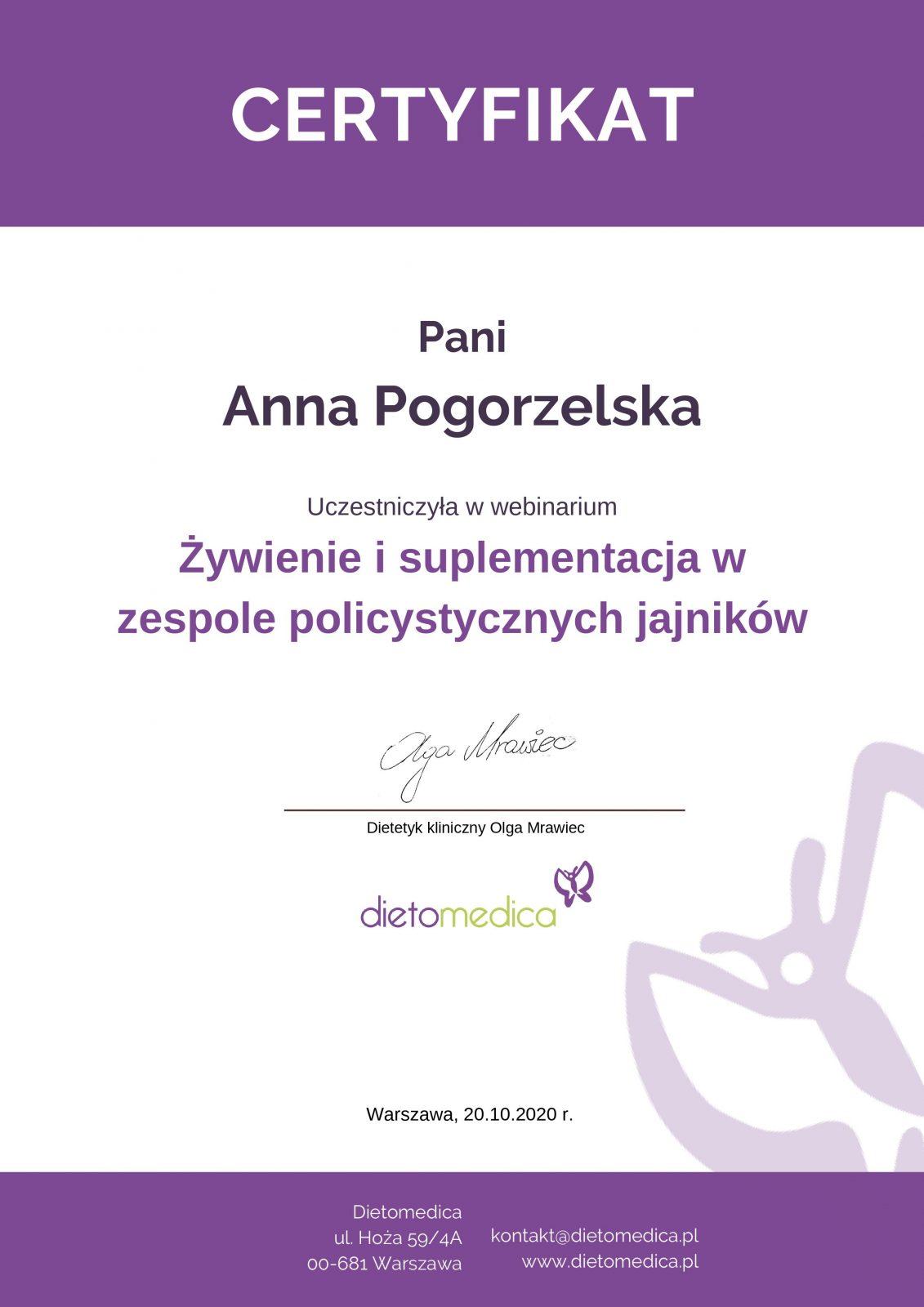 Certyfikat Anna Pogorzelska Żywienie i suplementacja w PCOS