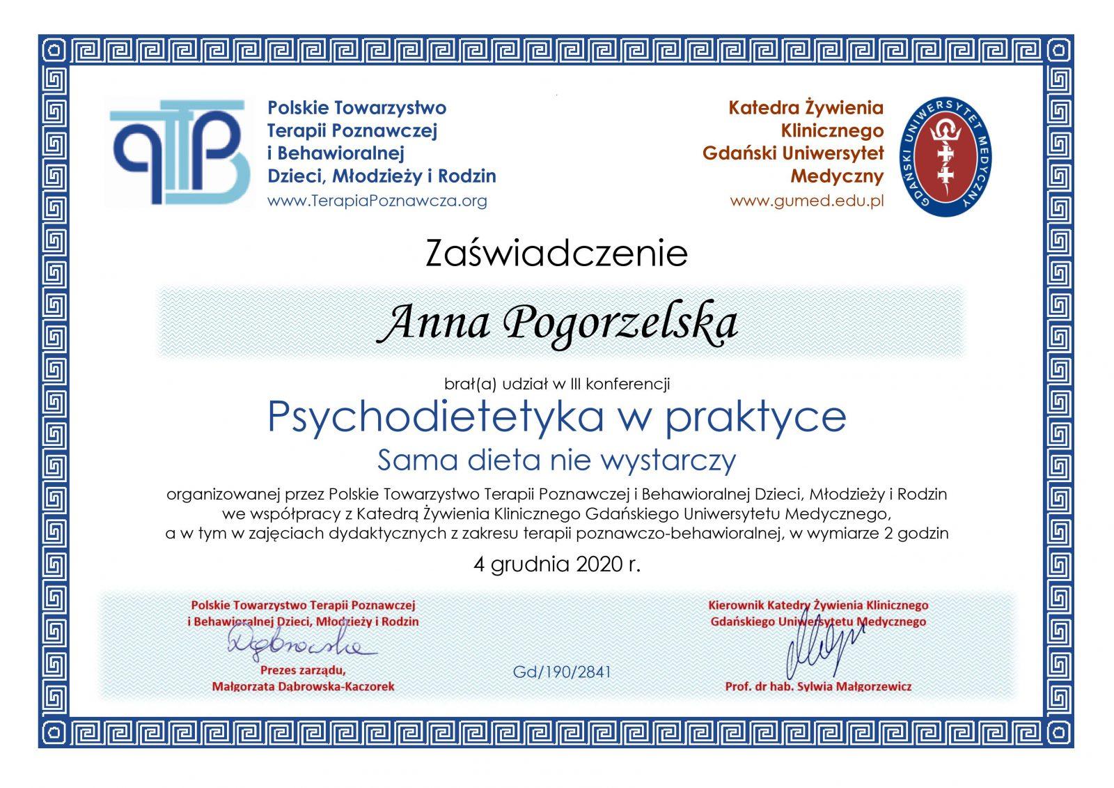 Certyfikat Anna Pogorzelska Psychodietetyka w praktyce