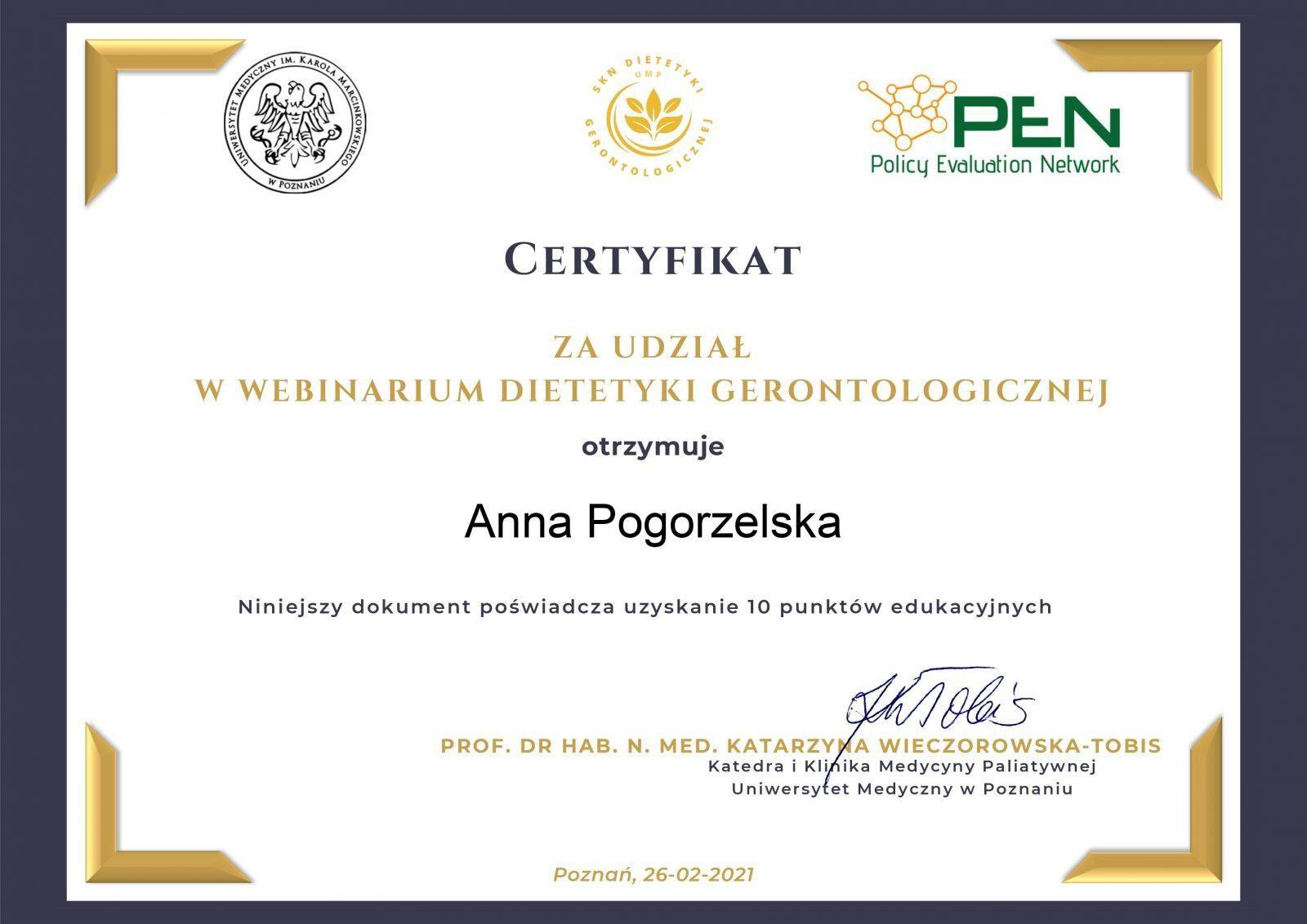 Certyfikat Anna Pogorzelska Dietetyka Gerontologiczna