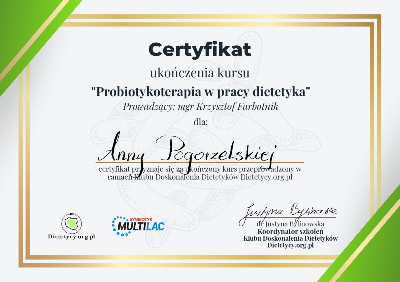 Certyfikat Anna Pogorzelska Probiotykoterapia w pracy dietetyka
